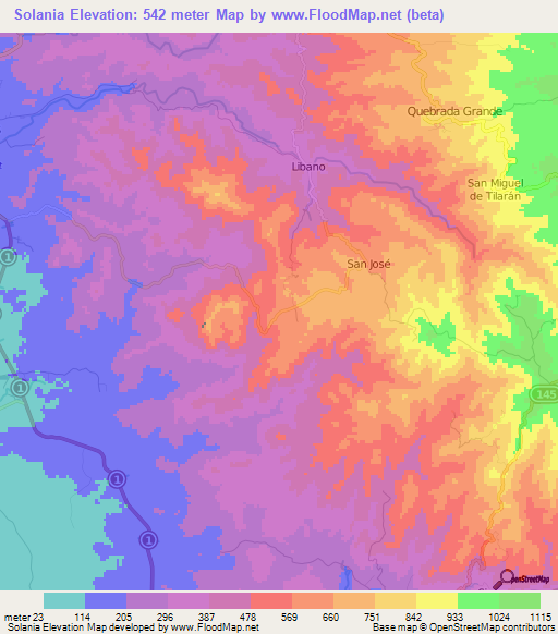Solania,Costa Rica Elevation Map
