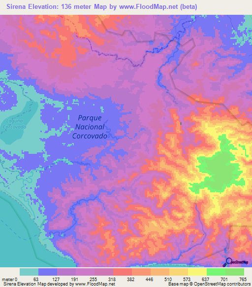 Sirena,Costa Rica Elevation Map