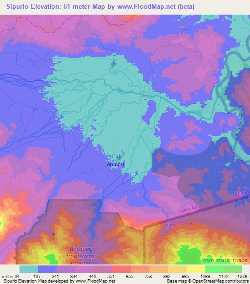 Sipurio,Costa Rica Elevation Map