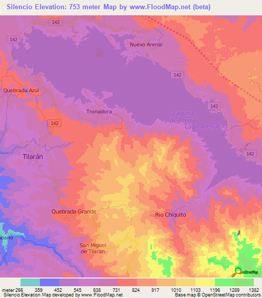 Silencio,Costa Rica Elevation Map