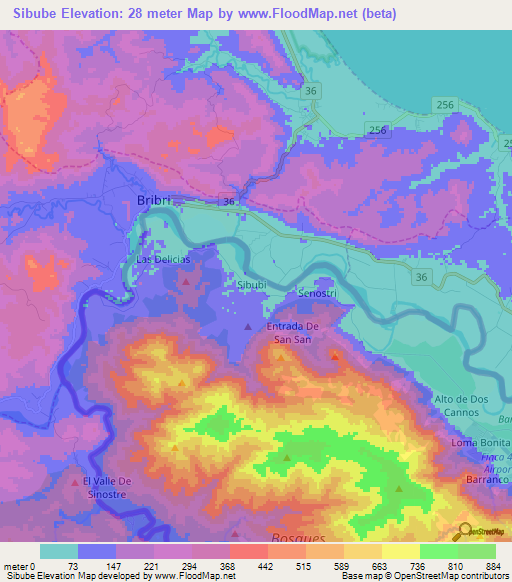 Sibube,Costa Rica Elevation Map