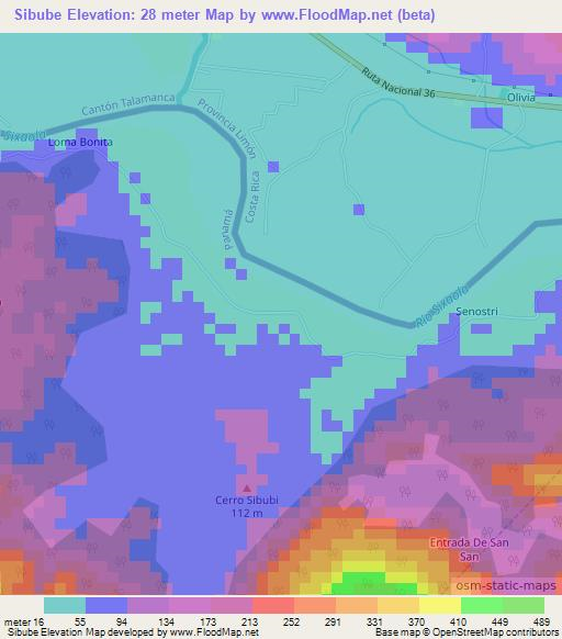 Sibube,Costa Rica Elevation Map