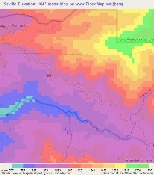 Sevilla,Costa Rica Elevation Map