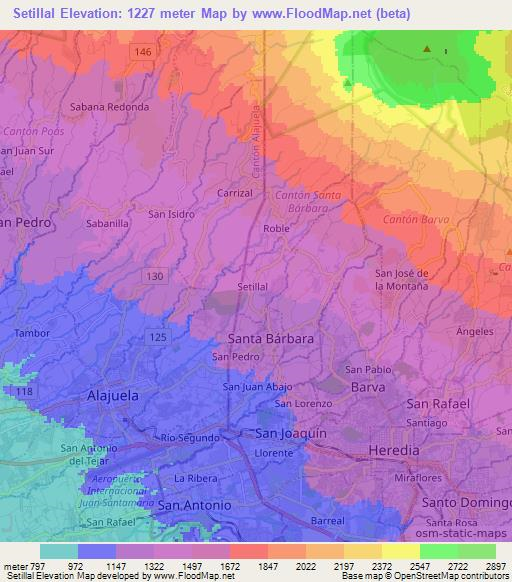 Setillal,Costa Rica Elevation Map
