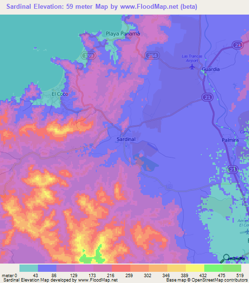 Sardinal,Costa Rica Elevation Map