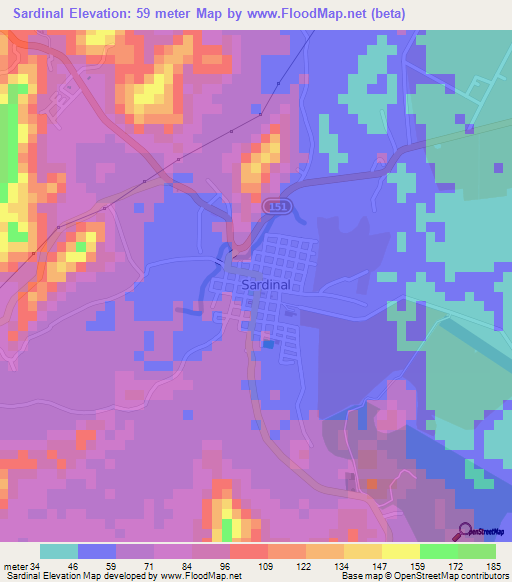 Sardinal,Costa Rica Elevation Map