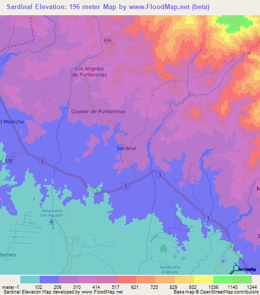 Sardinal,Costa Rica Elevation Map