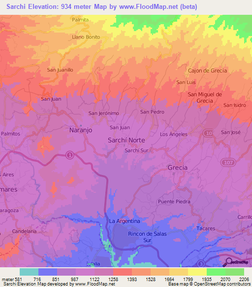 Sarchi,Costa Rica Elevation Map