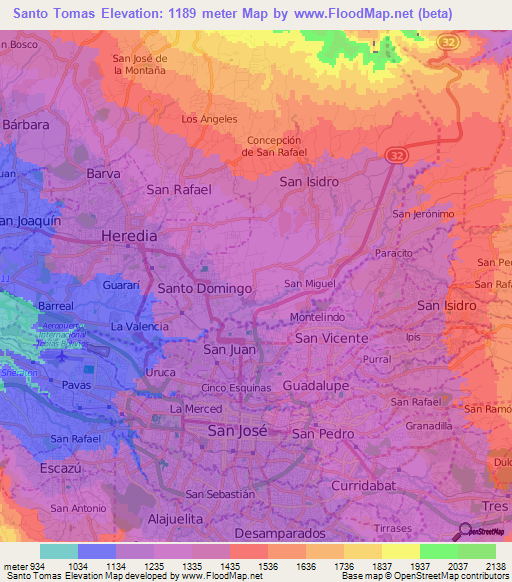 Santo Tomas,Costa Rica Elevation Map
