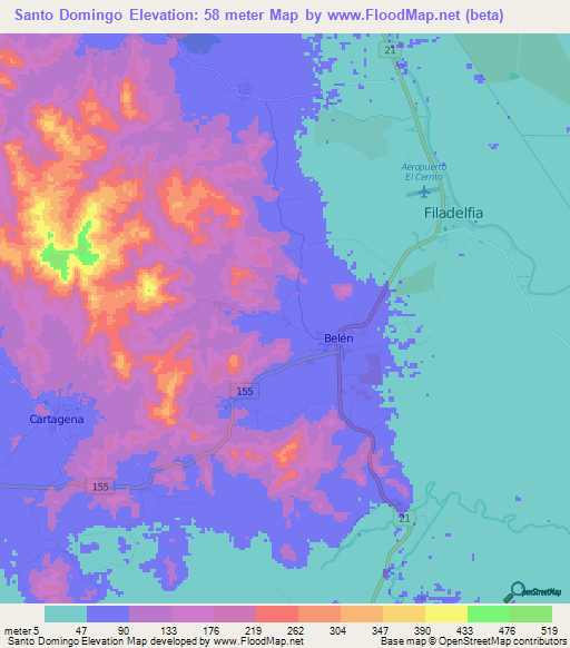 Santo Domingo,Costa Rica Elevation Map