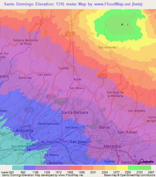 Santo Domingo,Costa Rica Elevation Map