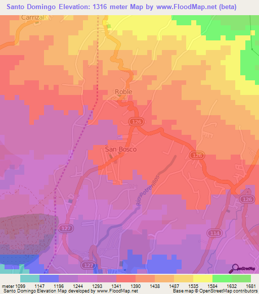 Santo Domingo,Costa Rica Elevation Map