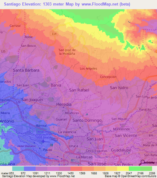 Santiago,Costa Rica Elevation Map