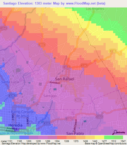 Santiago,Costa Rica Elevation Map