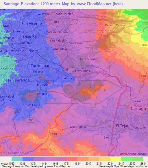 Santiago,Costa Rica Elevation Map