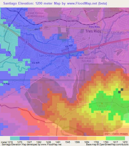 Santiago,Costa Rica Elevation Map