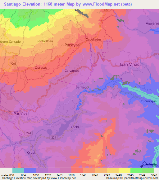 Santiago,Costa Rica Elevation Map