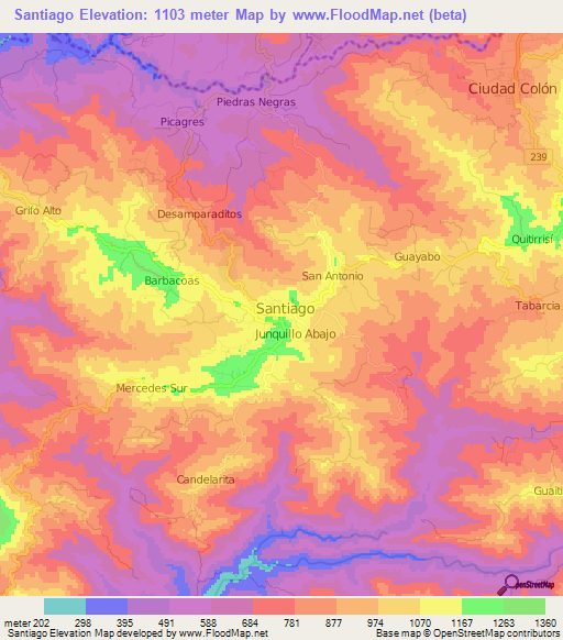 Santiago,Costa Rica Elevation Map