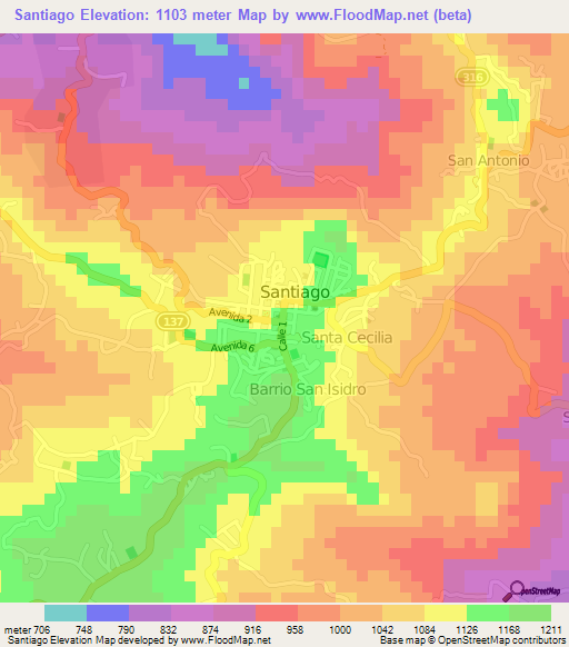 Santiago,Costa Rica Elevation Map