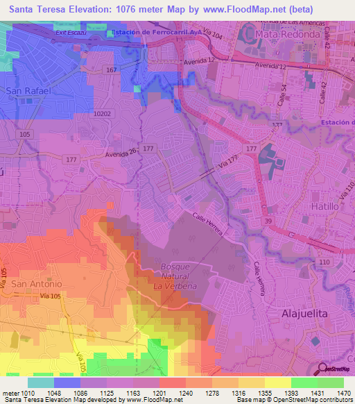 Santa Teresa,Costa Rica Elevation Map