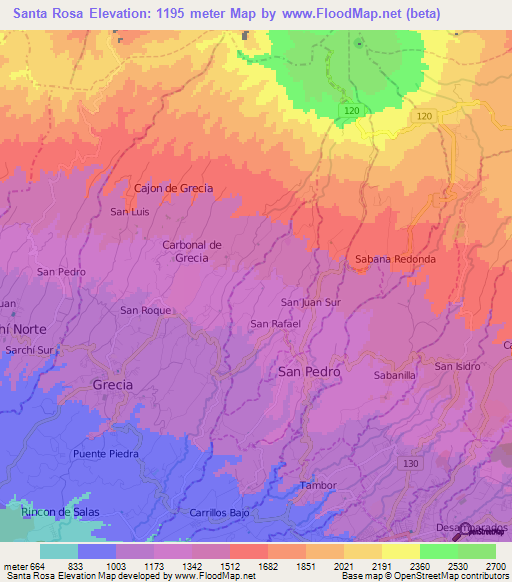 Santa Rosa,Costa Rica Elevation Map