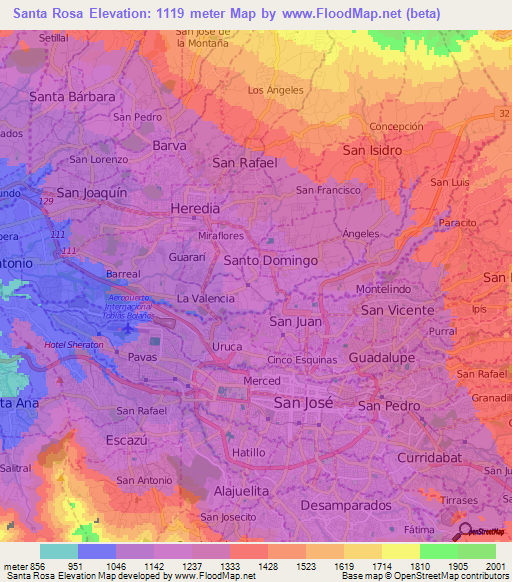 Santa Rosa,Costa Rica Elevation Map