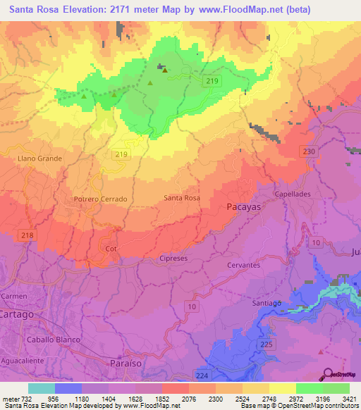 Santa Rosa,Costa Rica Elevation Map