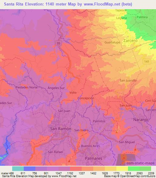 Santa Rita,Costa Rica Elevation Map