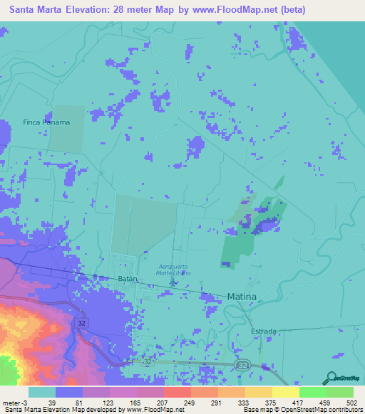 Santa Marta,Costa Rica Elevation Map