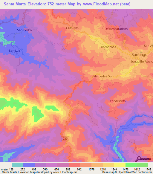 Santa Marta,Costa Rica Elevation Map