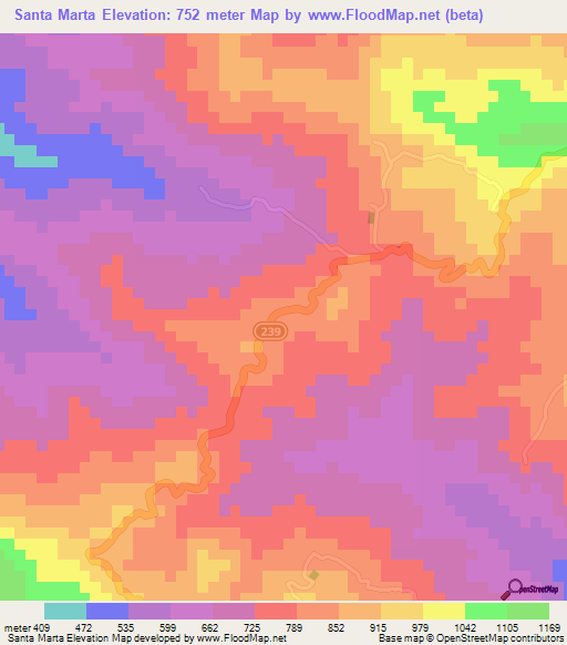 Santa Marta,Costa Rica Elevation Map