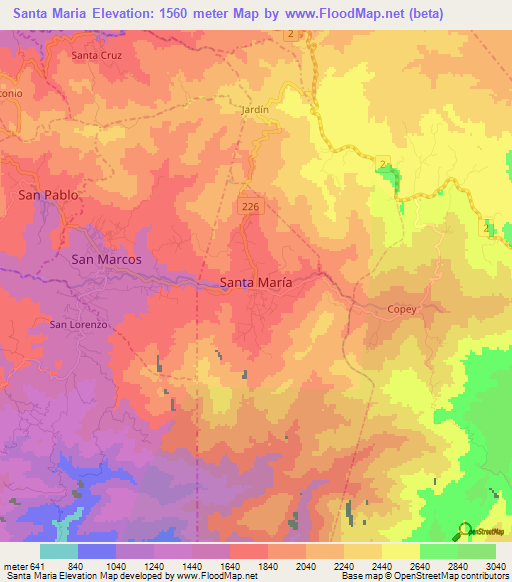 Santa Maria,Costa Rica Elevation Map