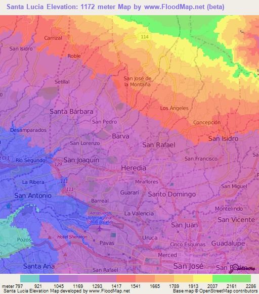 Santa Lucia,Costa Rica Elevation Map