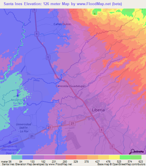 Santa Ines,Costa Rica Elevation Map