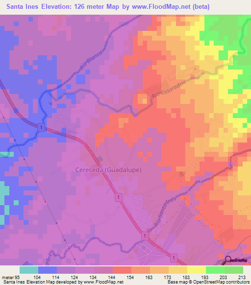 Santa Ines,Costa Rica Elevation Map
