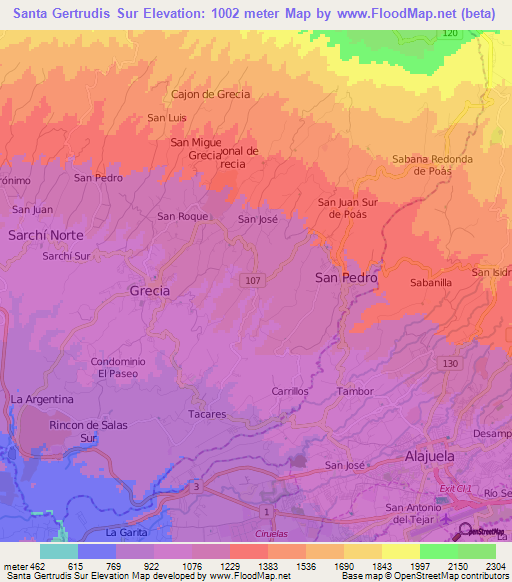 Santa Gertrudis Sur,Costa Rica Elevation Map