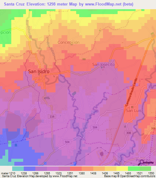 Santa Cruz,Costa Rica Elevation Map