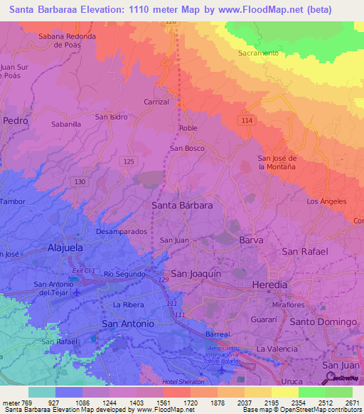Santa Barbaraa,Costa Rica Elevation Map