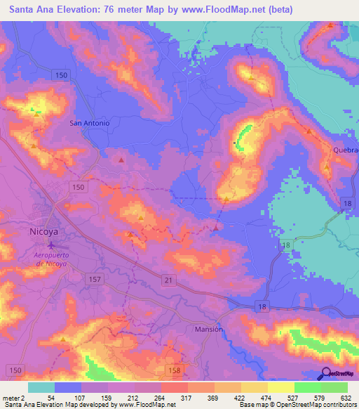 Santa Ana,Costa Rica Elevation Map