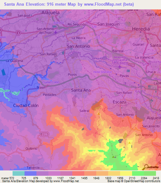 Santa Ana,Costa Rica Elevation Map