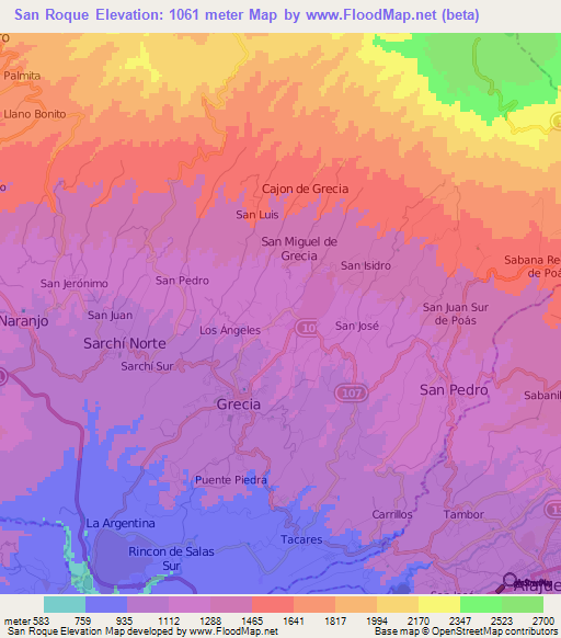 San Roque,Costa Rica Elevation Map