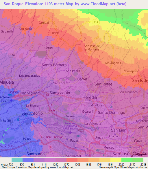 San Roque,Costa Rica Elevation Map