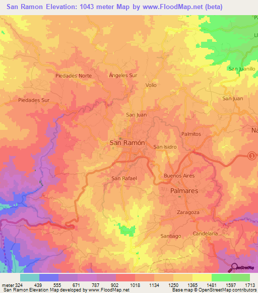 San Ramon,Costa Rica Elevation Map