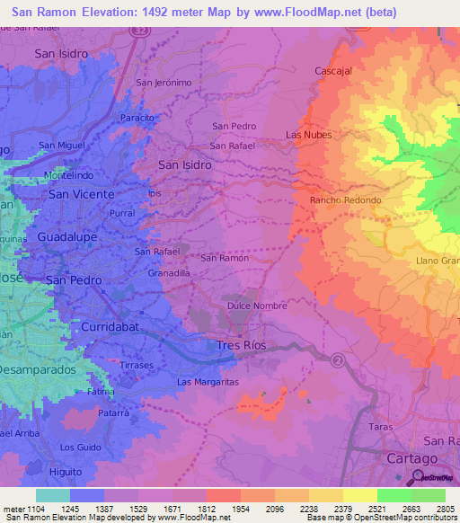 San Ramon,Costa Rica Elevation Map