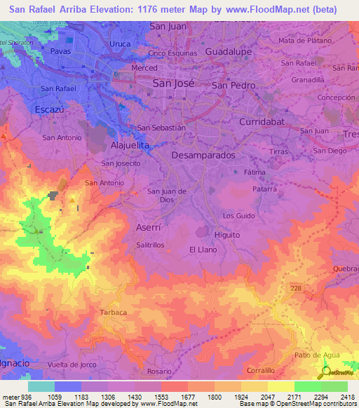 San Rafael Arriba,Costa Rica Elevation Map