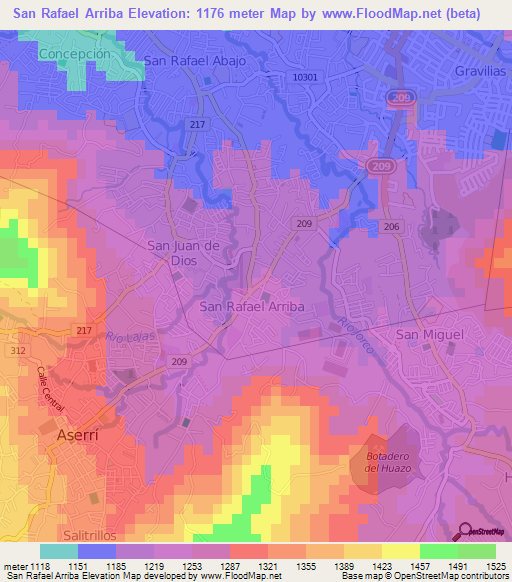 San Rafael Arriba,Costa Rica Elevation Map