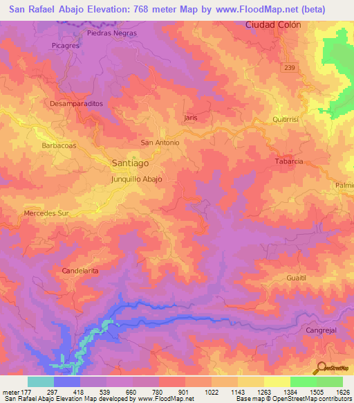 San Rafael Abajo,Costa Rica Elevation Map