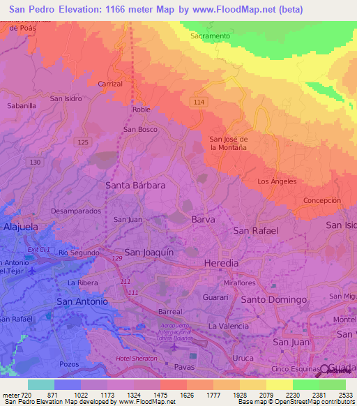 San Pedro,Costa Rica Elevation Map