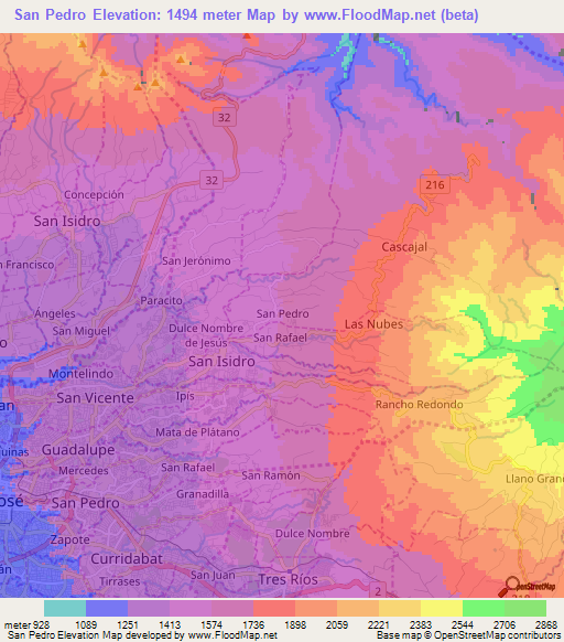 San Pedro,Costa Rica Elevation Map
