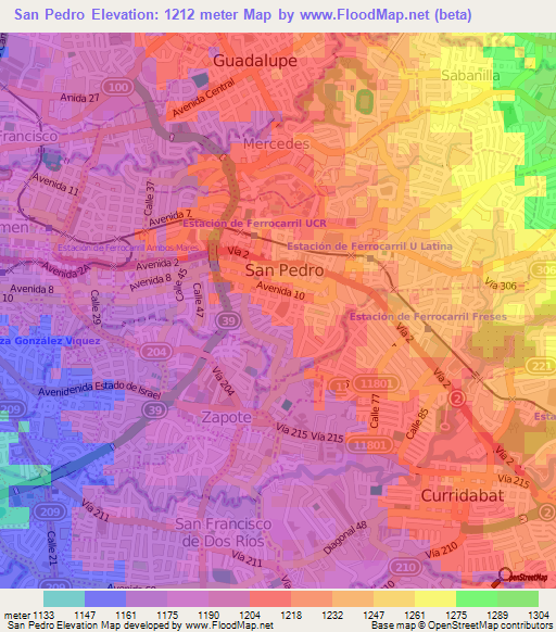 San Pedro,Costa Rica Elevation Map